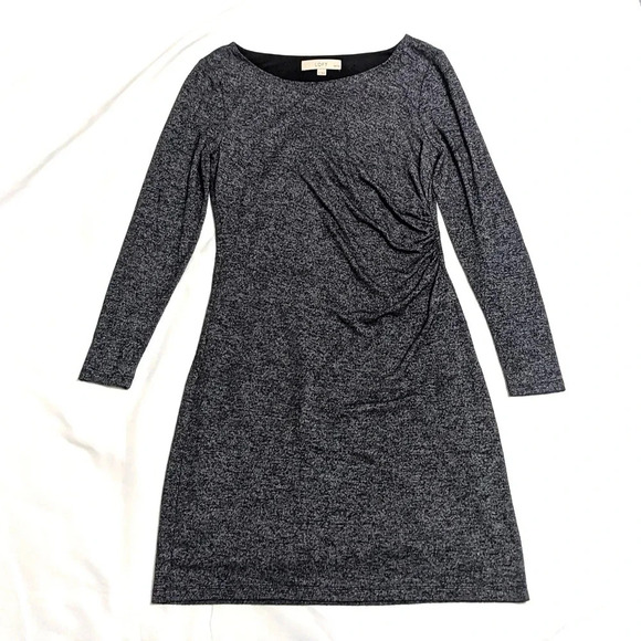 Loft Long Sleeve Ruched Sheath Midi Dress Color Heather Gray Size MP - Picture 1 of 13